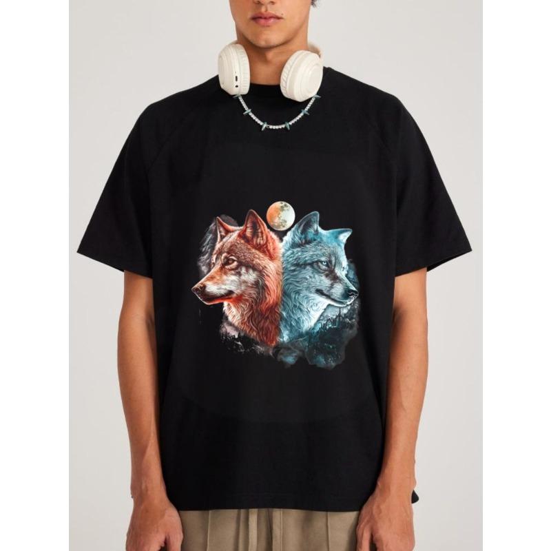 Wolf Graphic T Shirt White Two Wolves Design with Moon and Nature Elements Casual Wear for Men and Women Outdoor Adventure and Everyday Style