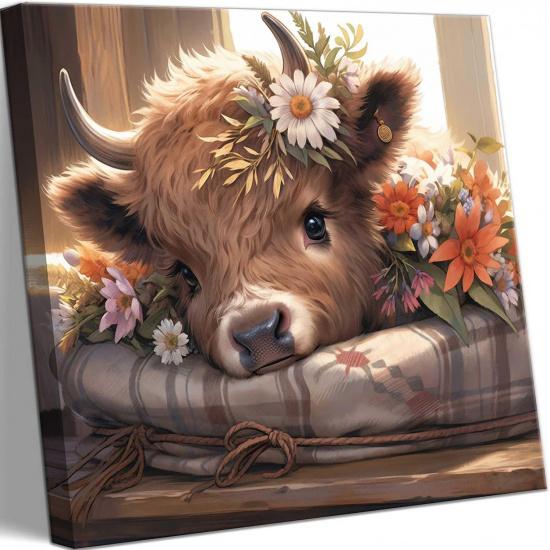 VeeFeng Cute Highland Cow Baby Canvas Wall Art Rustic Farmhouse Daisy Print Wall Decor Picture Amiable Baby Calf Poster Home Decoration Aesthetics