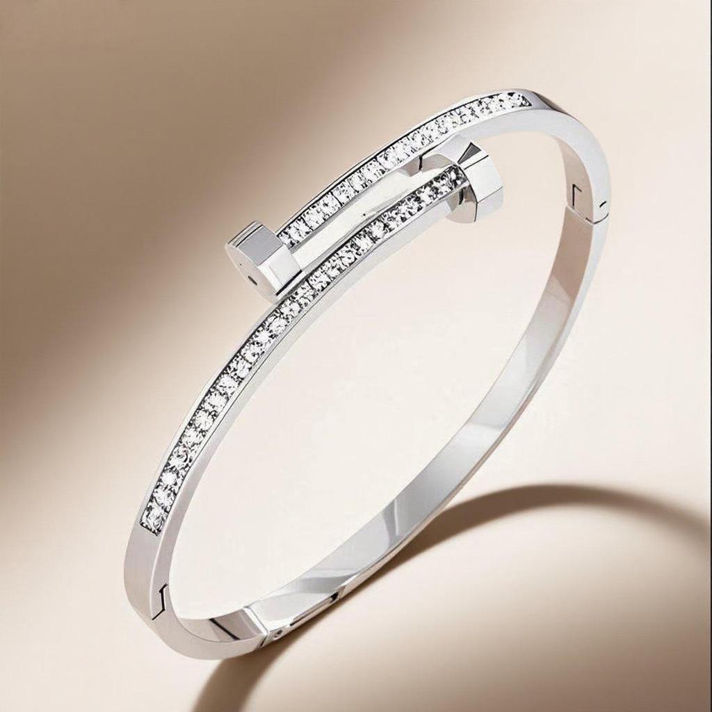 European and American Titanium Steel Nail Bracelet with Diamond Inlay - Colorfast, Versatile, Stainless Steel Wristband