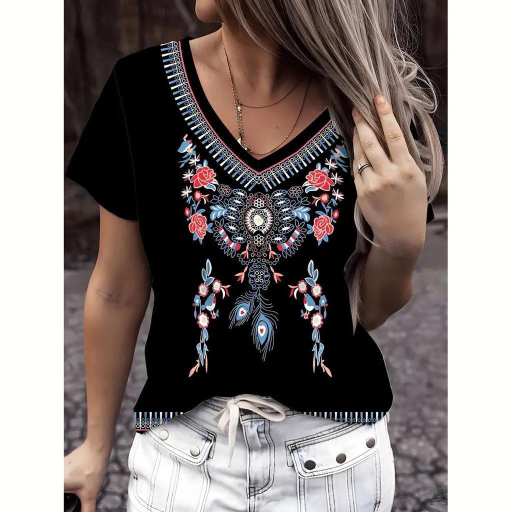 S-8XL Plus Size T Shirt For Women Vintage Ethnic Print Casual V Neck Short Sleeve Tops Tees Summer T-Shirt Oversized Clothing