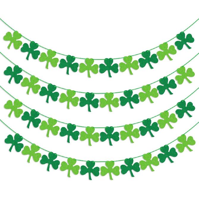 St Patricks Day Decorations 4PCS Felt Shamrock Garland Banner - NO DIY Shamrock Clover Garland Banner for St Patricks Day Decor - Dark Green Light