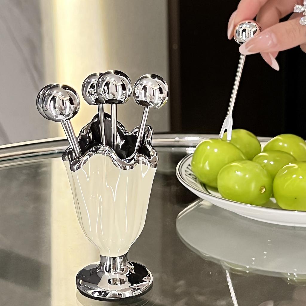 High-looking Stainless Steel Fruit Forks, Home Use, Light Luxury, Youngsters's Safety Small Fork Set, Storage Jar, Dessert Fruit Picks