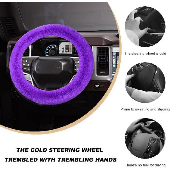Fluffy Car Steering Wheel Cover, 15 Inch Soft Warm Plush Anti-Slip Furry Wheel Protector, Universal Fuzzy Comfortable Steering Wheel Covers For