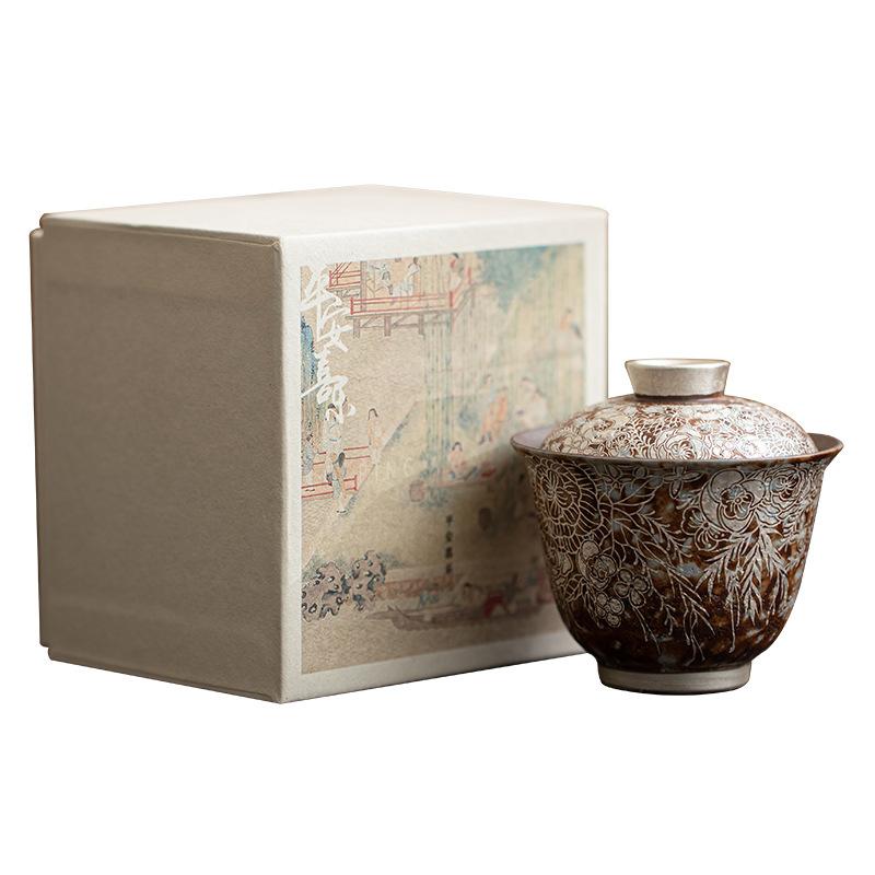 Старые Скальные Глиняные Пиалы Цветочный Позолоченный Серебром Гайвань Китайская Чайная Посуда Кунг-фу Каменная Ретро Чайница Японская Керамическая Посуда для Напитков