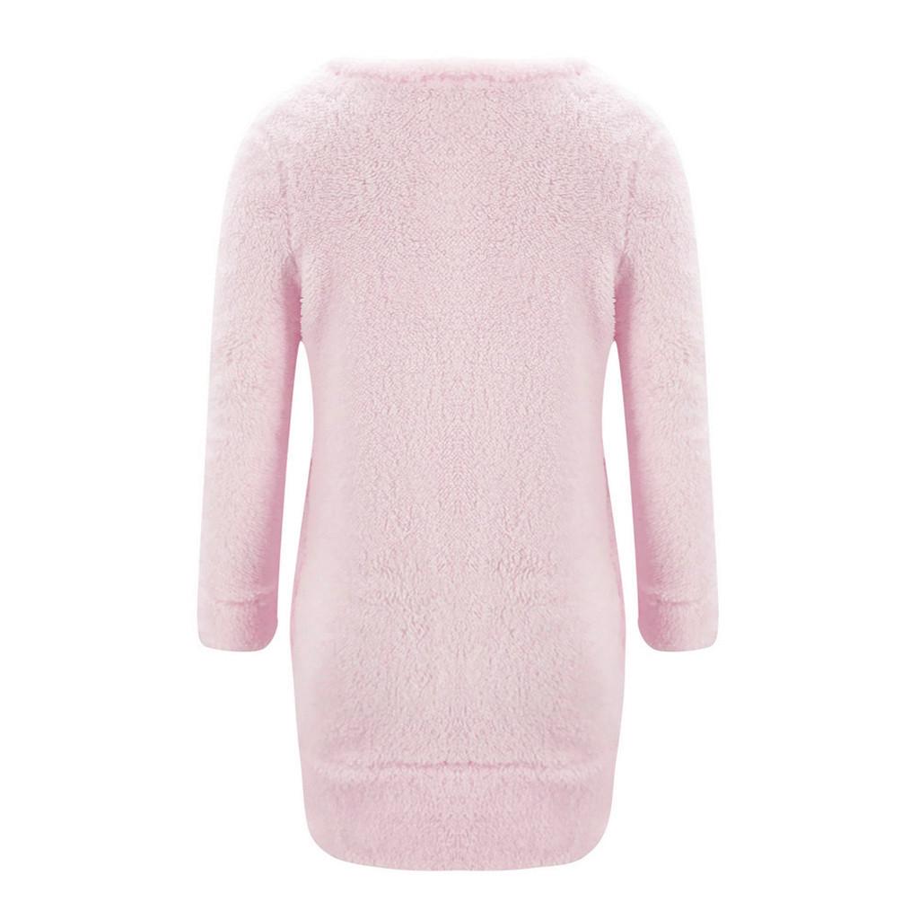 Женская мода Зимний свитер с круглым вырезом из смеси хлопка повседневные плюшевые платья