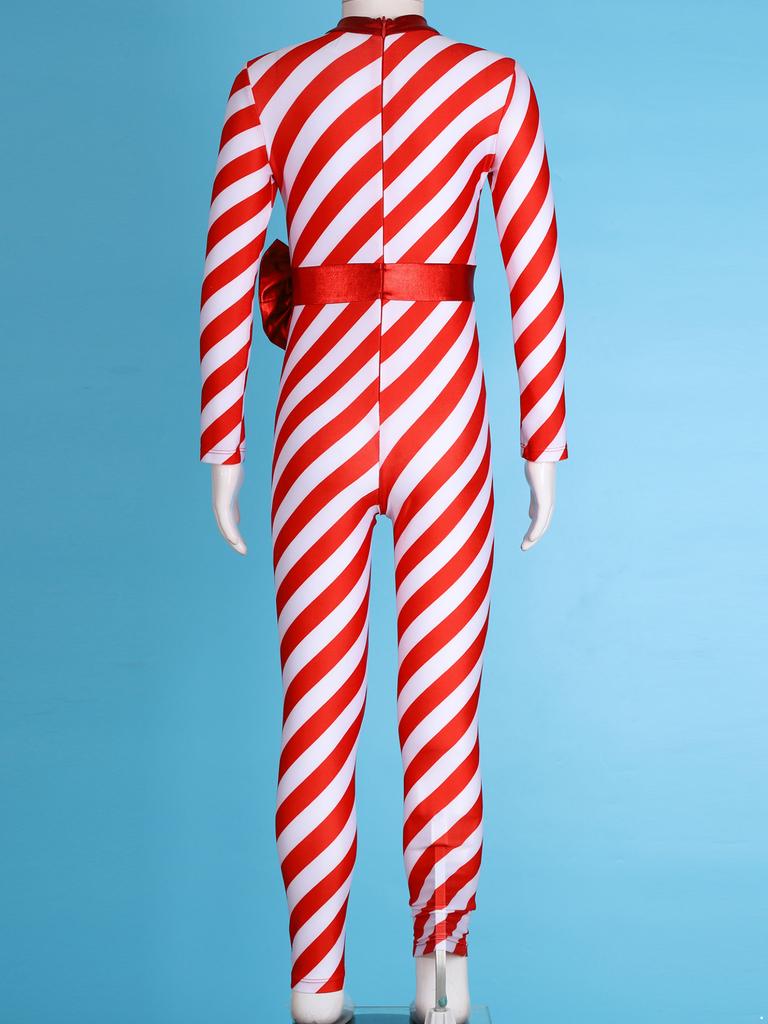 Kids Girls Candy Cane Striped Christmas Costume Long Sleeve Bow-knot Long Bodysuit Dance Jumpsuit Costume Dancewear