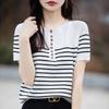 Summer Fashion Loose Striped Short-sleeved T-shirtSemi-open-neck Knitted Top