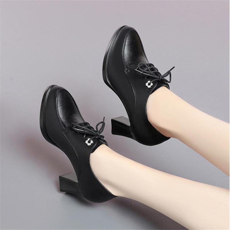 Fashion Spring Autumn Women's Pumps Fashion Deep Mouth Pumps Shoes Woman Genuine Leather Lace Up Single Shoes Mother High Heels Shoes