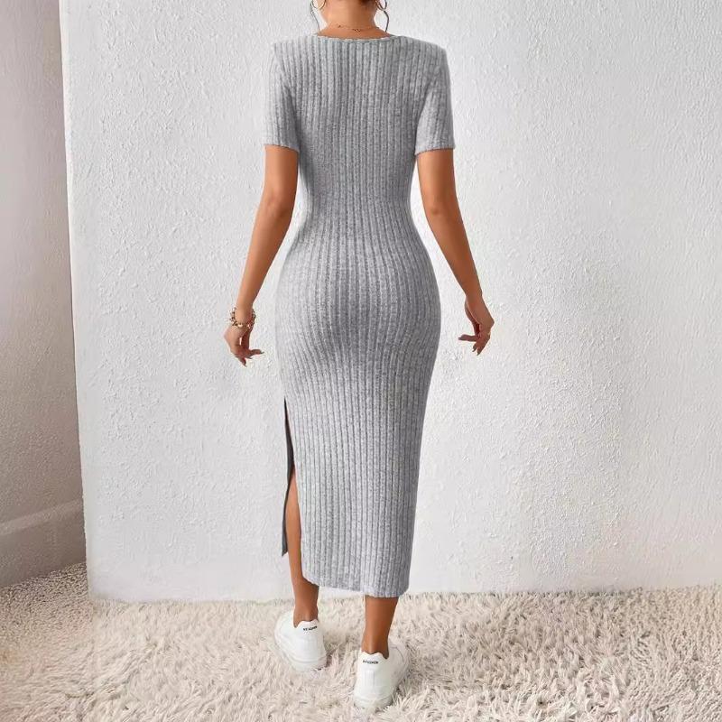 2023 European and American New Independent Station Amazon Hot French Square Collar Side Split Rib Knitted Short-sleeved Dress
