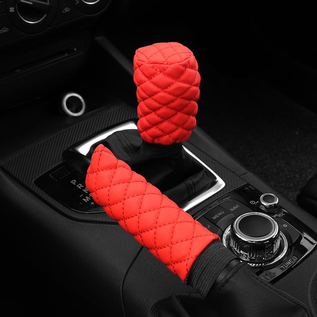 2 Sets PU Leather Stereo Embroidery Car Handbrake Cover Handle Set Manual Gear General Automotive Supplies