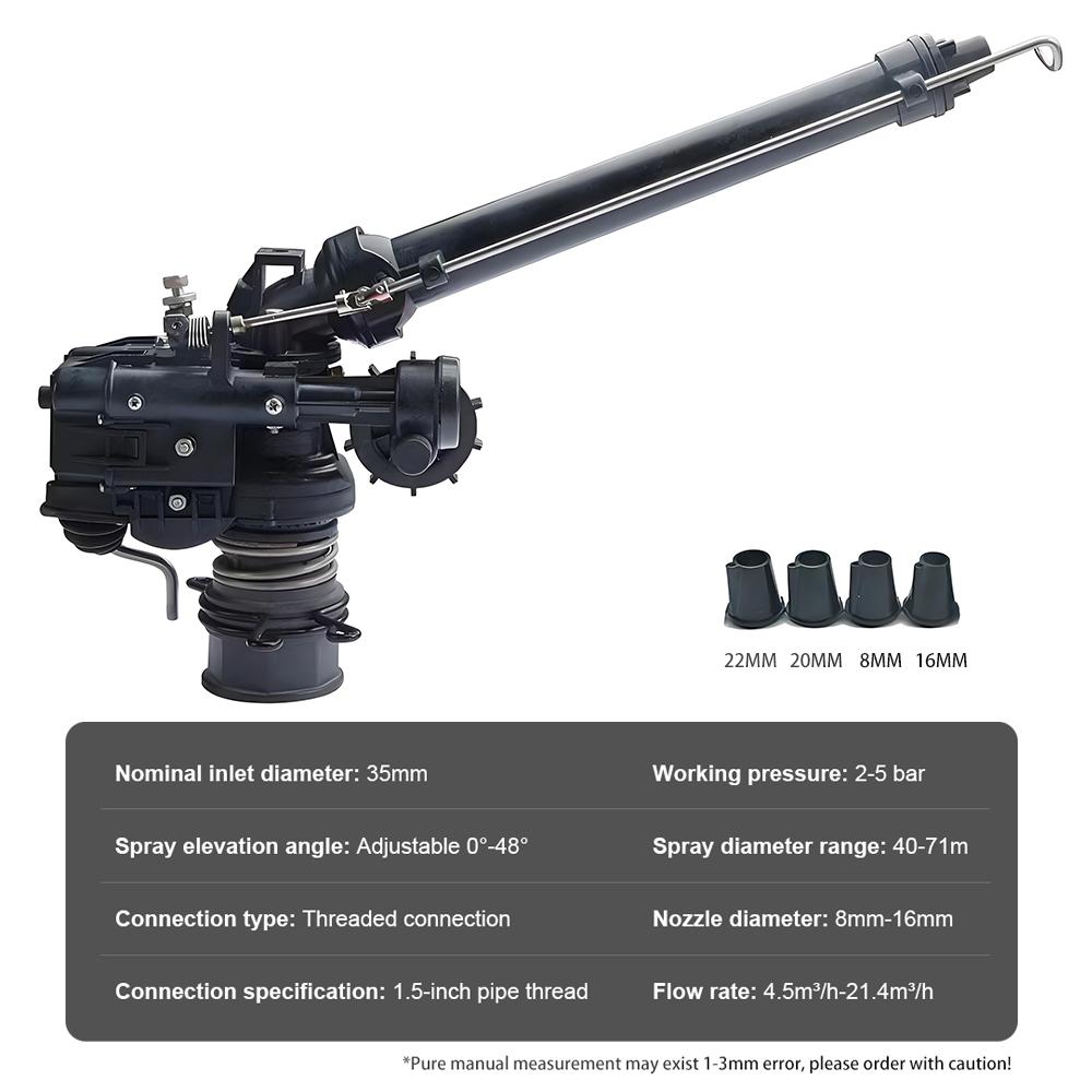 Rotating Agricultural Turbine Sprinkler 0-48° Adjustable Turbine Spray Gun for Large Area Lawn Farm Irrigation Sprinkler