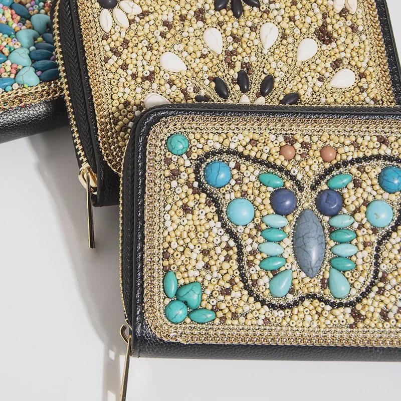 Визитница и кошелек для монет из искусственной кожи в богемном стиле с застежкой-молнией и узором в виде бабочек и цветов