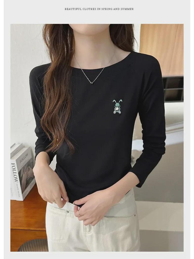 Женский топ из хлопка с длинными рукавами и круглым вырезом, осень 2024 года, вышитый