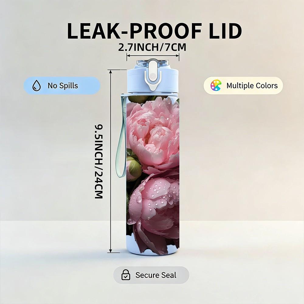 1PC Light Pink Peony Flower Bloom Print 750ml Color Plastic Sports Water Bottle Leakproof Flip Straw Lid Suitable for Sports Office Home Use