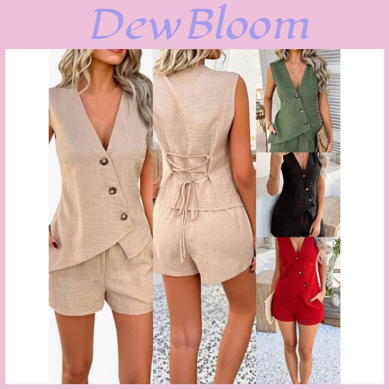 Fashion Summer Womens Casual Sets With Polyester Blend Button Plaid Blouse And Shorts For Street Style