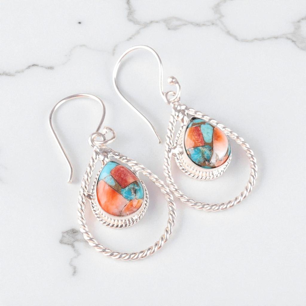 Spiny Oyster Gemstone 925 Sterling Silver Jewelry Handmade Dangle Earrings 1.70" EE-96-37