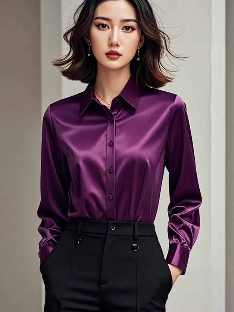 Womens Satin Purple Business Shirt With Long Sleeves For Office And Workwear