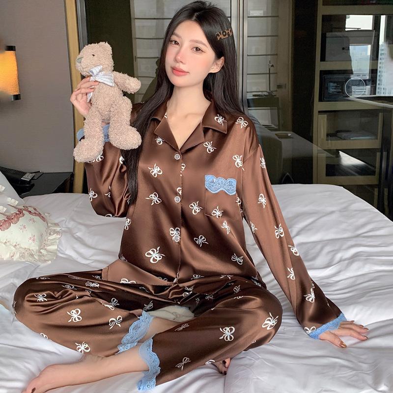 Santa Claus pajamas women's autumn new silk long-sleeved trousers festive red loungewear ice silk suit