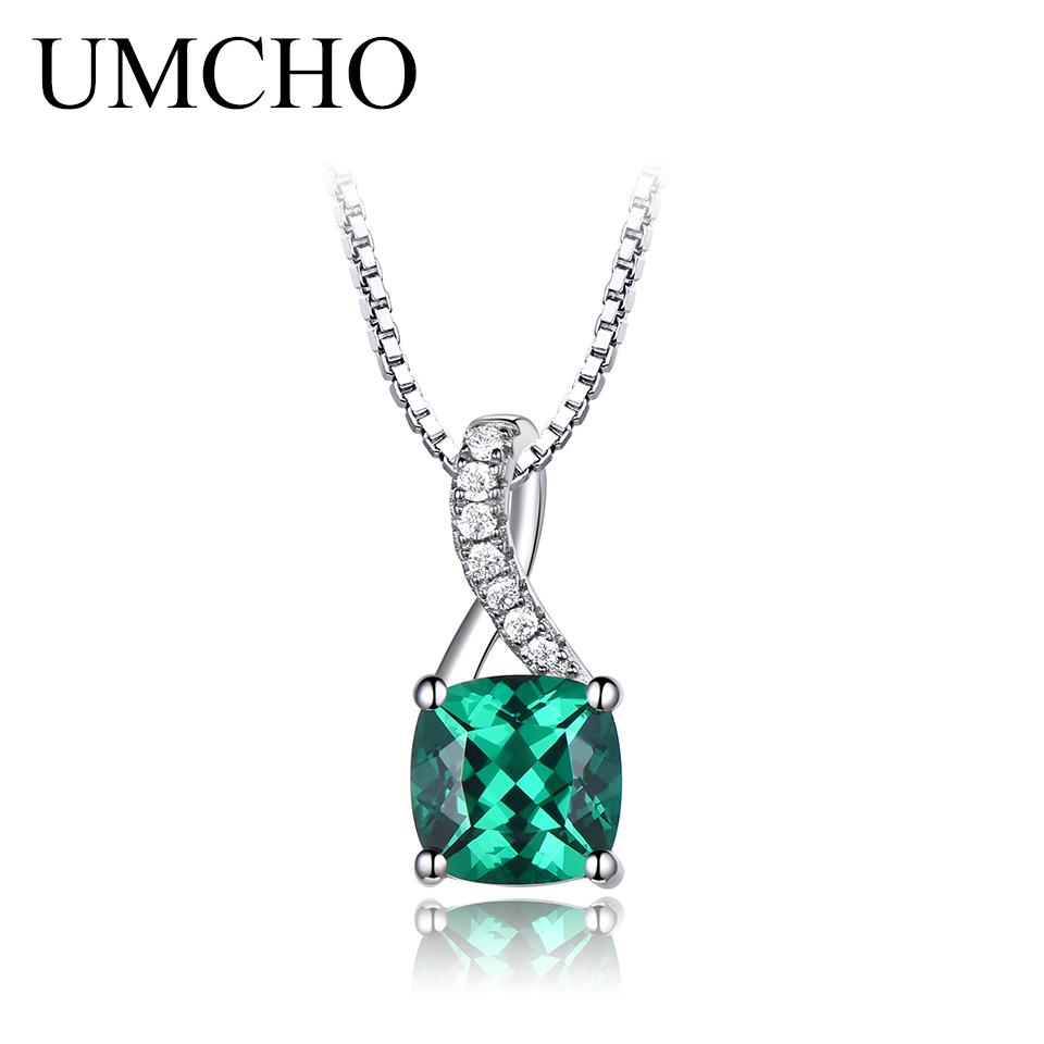 Umcho Created Emerald Gemstone Pendants For Women Genuine Solitaire Pendant Necklace Brand Jewelry New