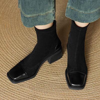 Флок Зима Квадратный Носок Современный Размер 33 Ботинки Размер 43 Молния KPOP Стиль Мода Стрейч Ботильоны