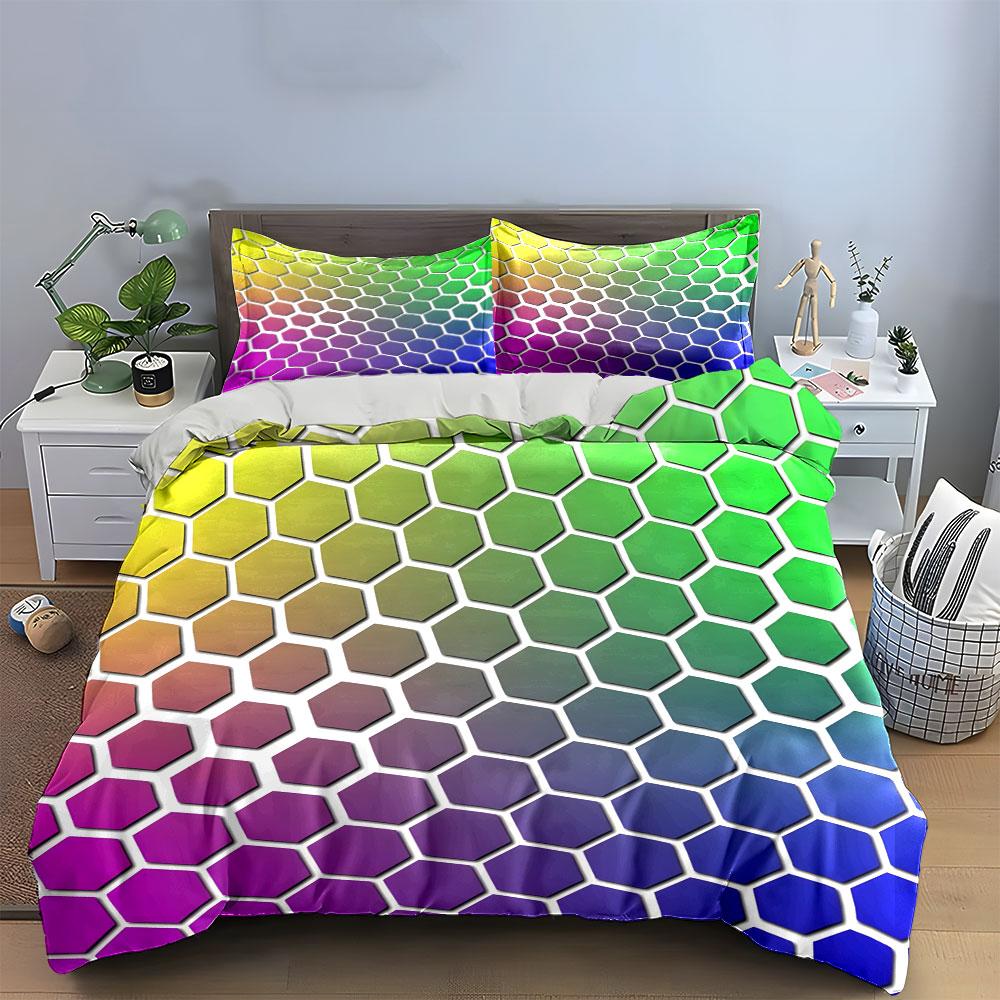 3Pcs Iridescent Honeycomb Bedding Set, Pastel Rainbow Hexagon 3D Print Duvet Cover Pillowcases Single Double King Queen, Gift
