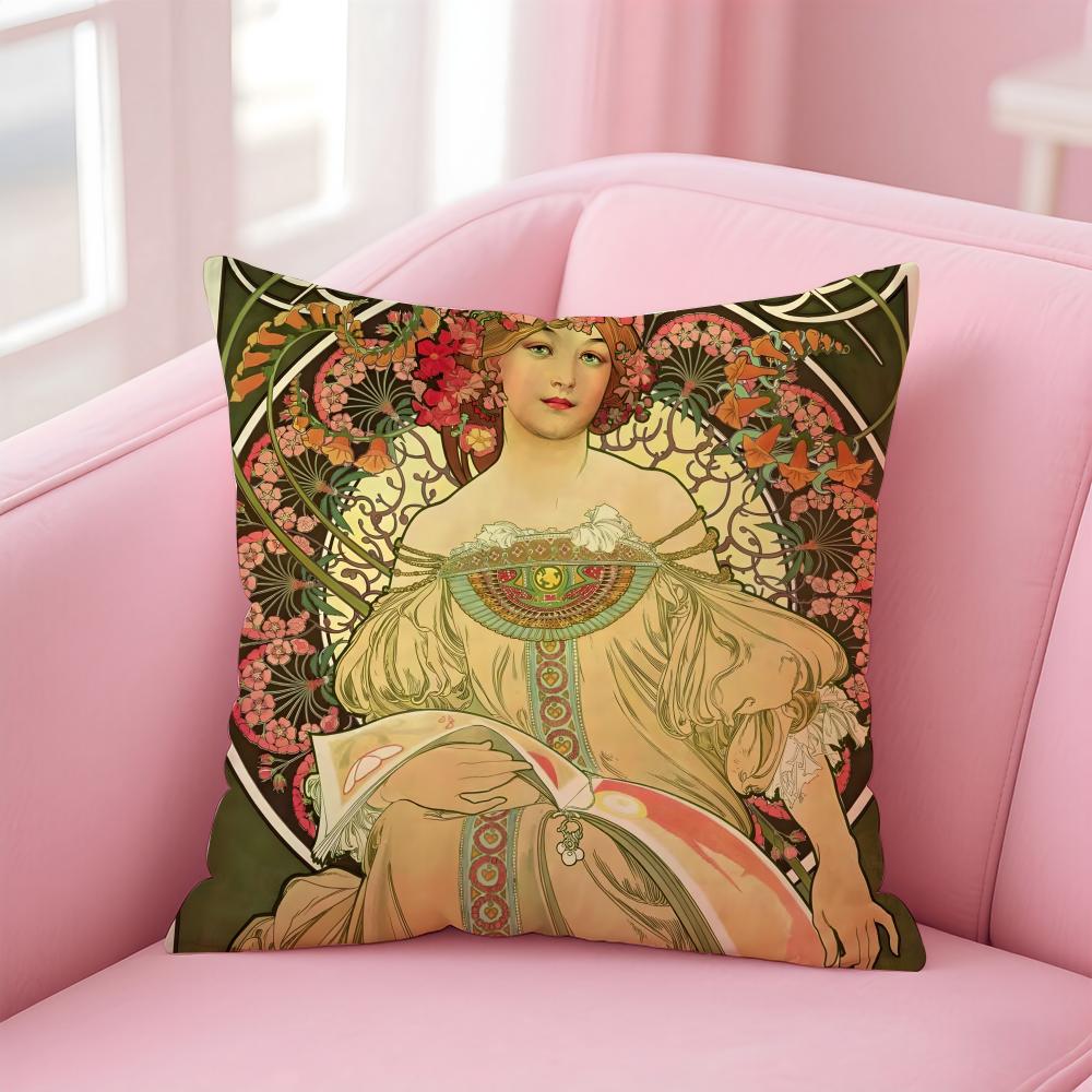 artistic AAlphonse Maria Mucha Cushion Cover Pillow Case Soft Skin Friendly Fabric Comfort Concealed Zipper