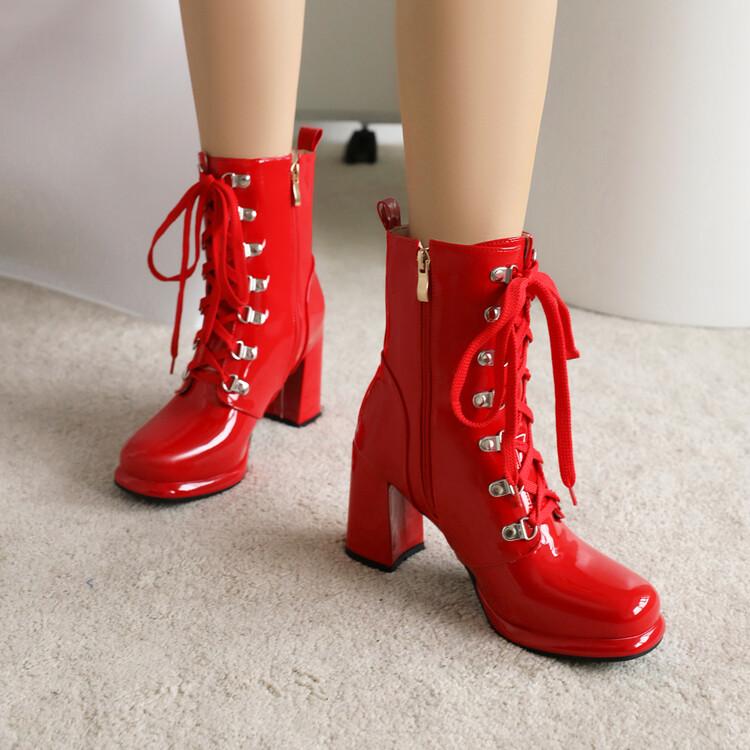 Ярко-желтые лакированные ботильоны для женщин на шнуровке, белые ботильоны на высоком каблуке, женские туфли большого размера 48