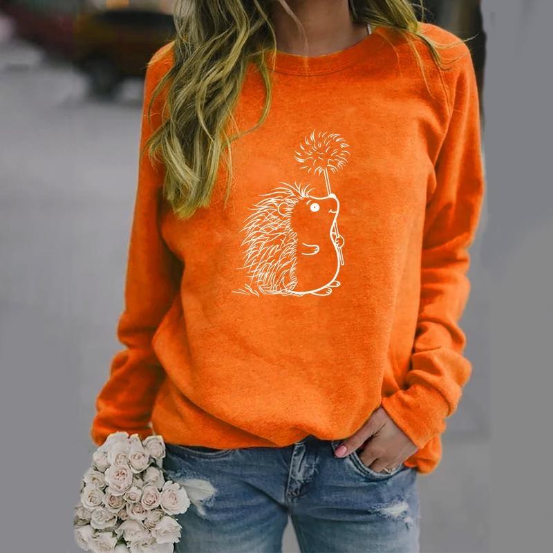 Милый принтованный свитер с рисунком ежа, женская мода, длинный рукав, уютный круглый вырез, пуловер, свитшот, топ