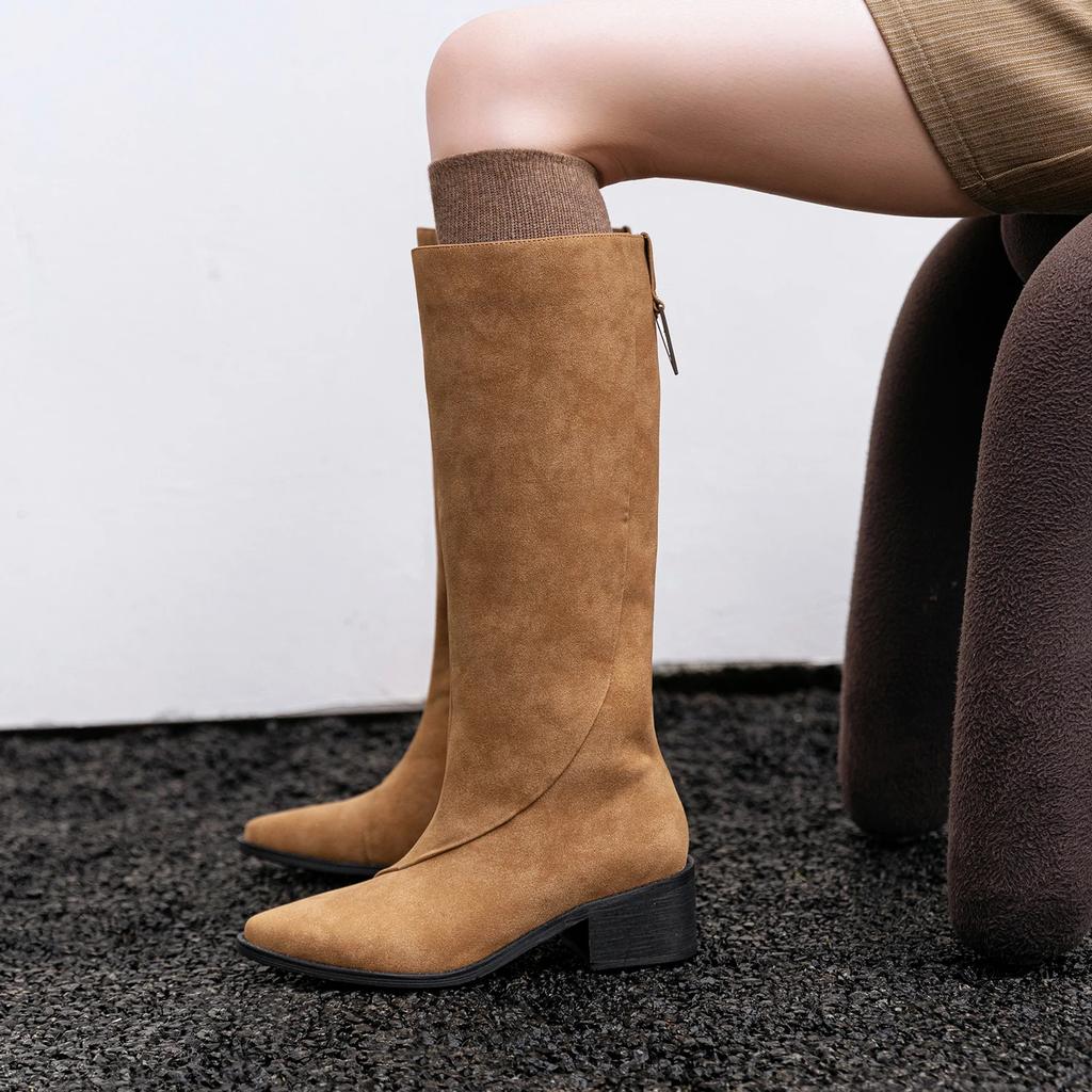 Fashion 2024 Winter Women Boots Pointed Toe Knee-high Boots Women Shoes Slip-on Modern Ladies Shoes Retro Chelsea Western Boots