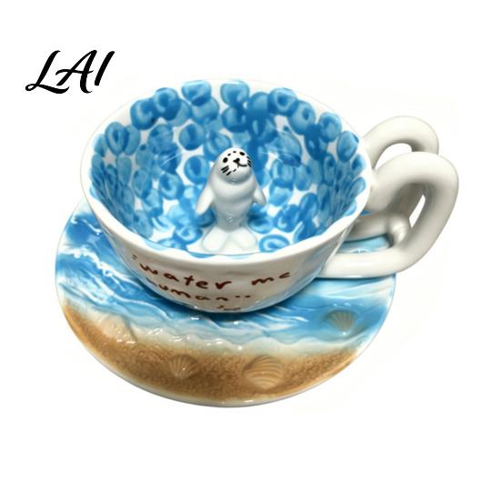 Collectible Ceramic Cup for Kids Cute Mug with 3D Seal/Penguin Figurine Inside Blue Ocean Personalized Keepsake Christmas Themed Coffee Cup