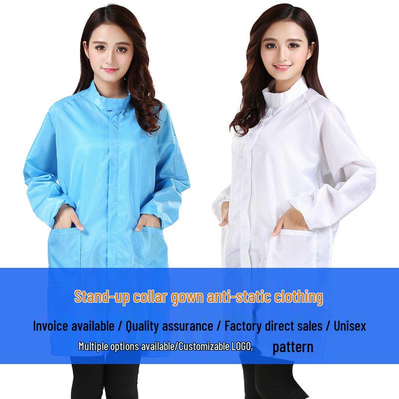 Anti-static Stand-up Collar Gown with Blue & White Stripes, Velcro & Zipper for Food/Pharmaceutical Cleanroom Use