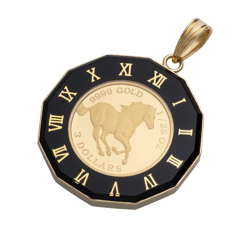 Монета-подвеска Тувалу Лошадь Часы Рамка [Сказочный стеклобой] K24/18 1/25 унции (черный)