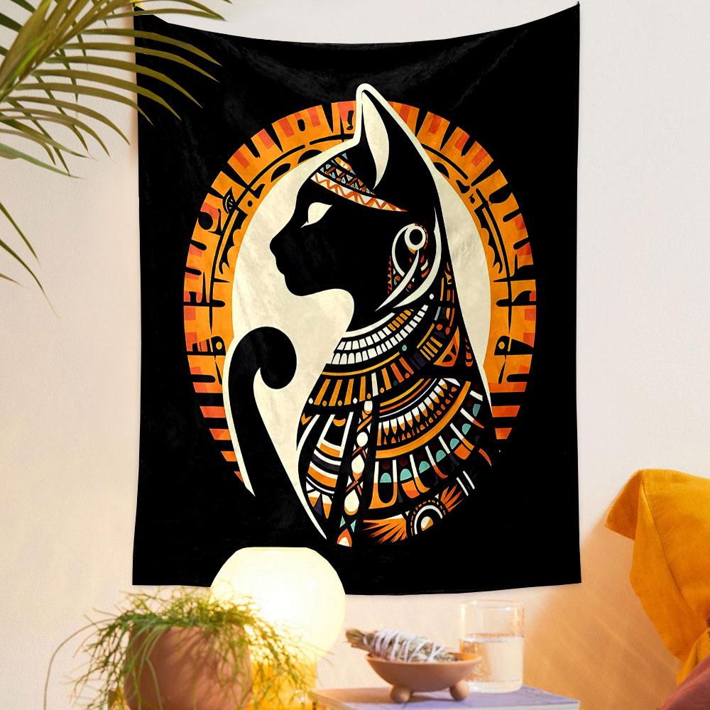 Egyptian Cat Silhouette Patterned Tapestry Decorative Wall Hanging, Home Bedroom Living Room Decor