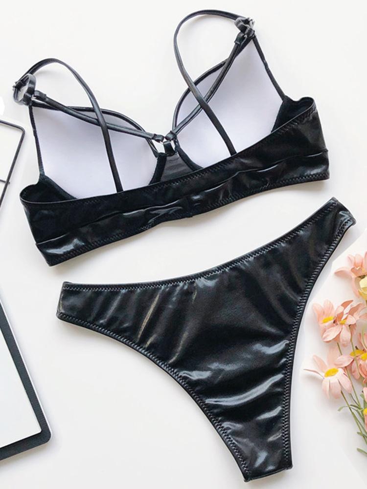 Блестящий искусственный кожаный PU бикини женский купальник бюстгальтер чашка бикини 2025 женский купальник из двух частей бикини комплект пуш-ап купальный костюм плавание