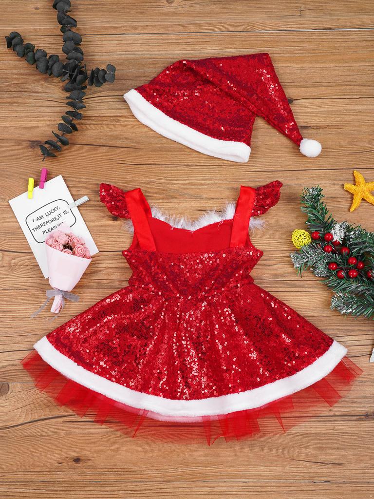 2PCS Kids Girls Sequin Christmas Santa Claus Costume Baby Dress Up Party Dance Dress Outfits