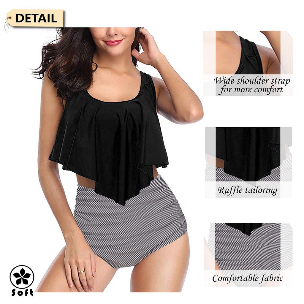 Бикини с рюшами и принтом закрывает живот и демонстрирует тонкий разделенный купальник для женщин