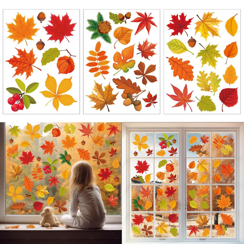6 листов наклеек на окна Осенние наклейки на окна Двусторонняя печать Декали на День Благодарения Осень Кленовые украшения