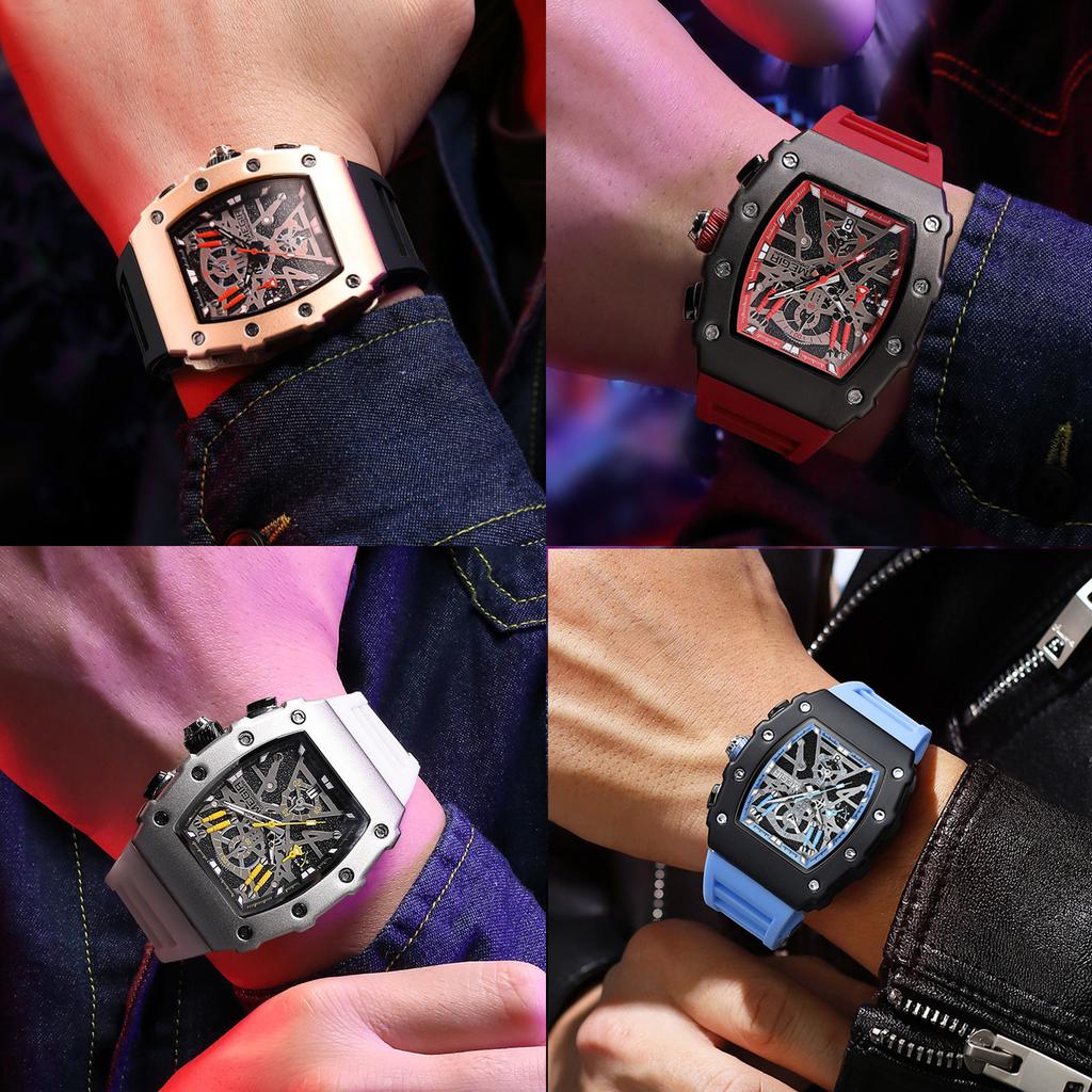 Часы-хронограф мужские повседневные водонепроницаемые светящиеся спортивные аналоговые кварцевые наручные часы с циферблатом-бочкой и силиконовым ремешком автоматическая дата