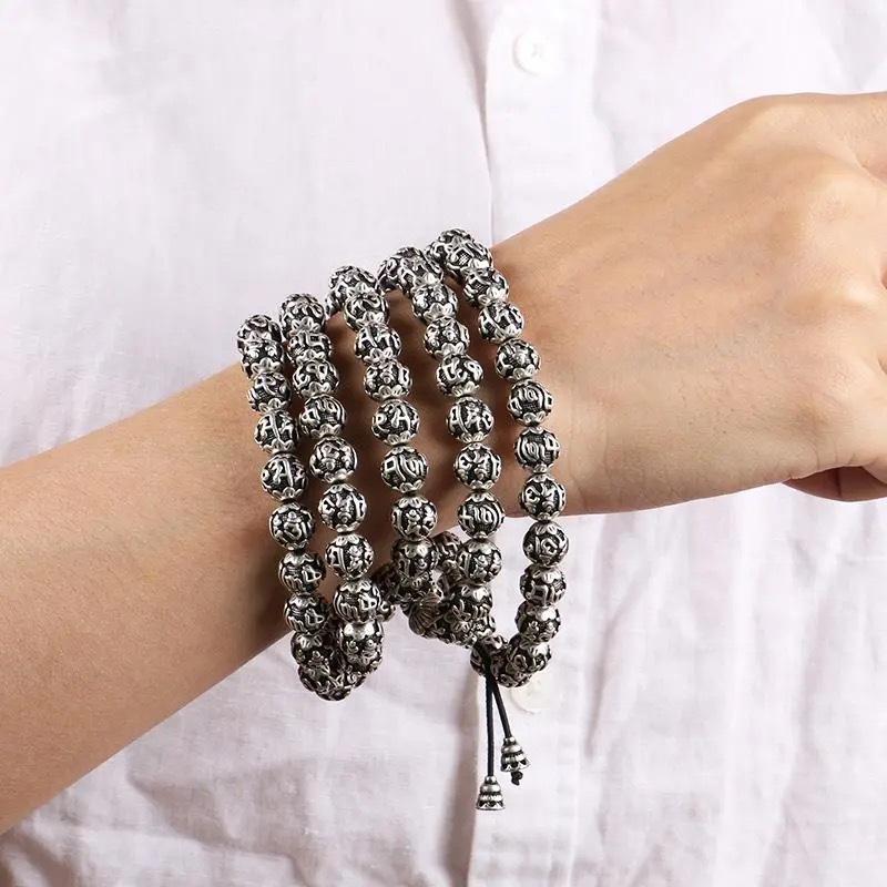 Six-Character Mantra108Buddhist bead bracelet for men and women, imitation Thai silver bracelet and necklace, vintage handmade Tibetan script