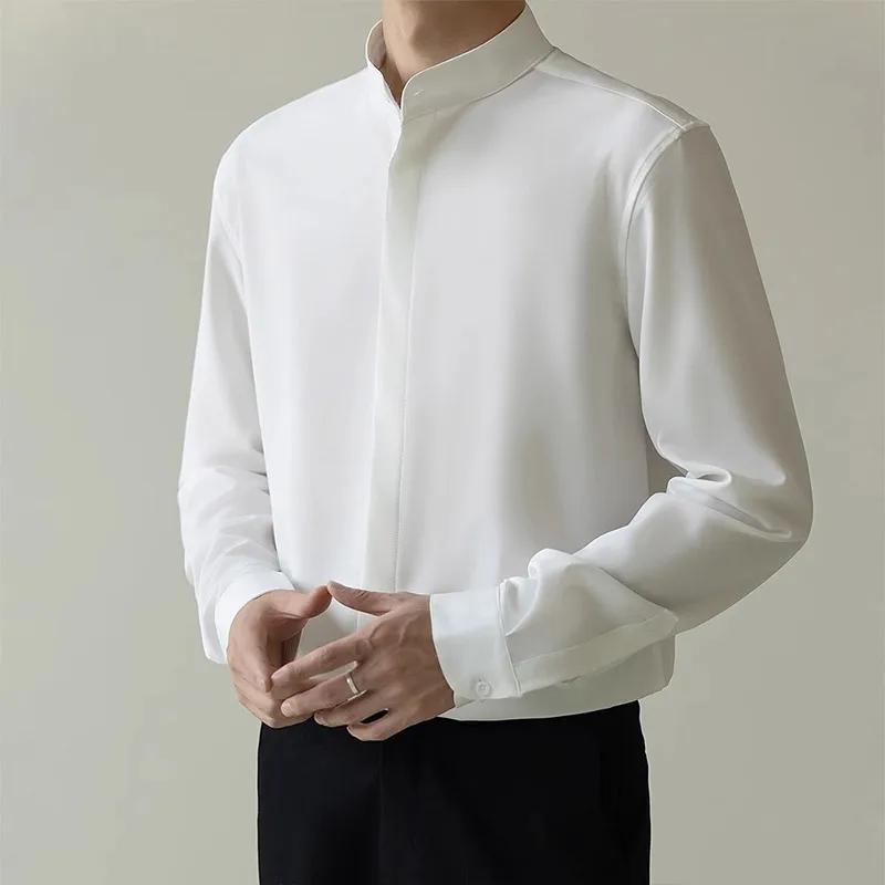 Осенний KPOP Модный Стиль Харадзюку Приталенный Ropa Hombre Свободный Повседневный Все Сочетания Рубашка С Воротником-Стойкой Однотонная На Пуговицах С Длинным Рукавом Блуза