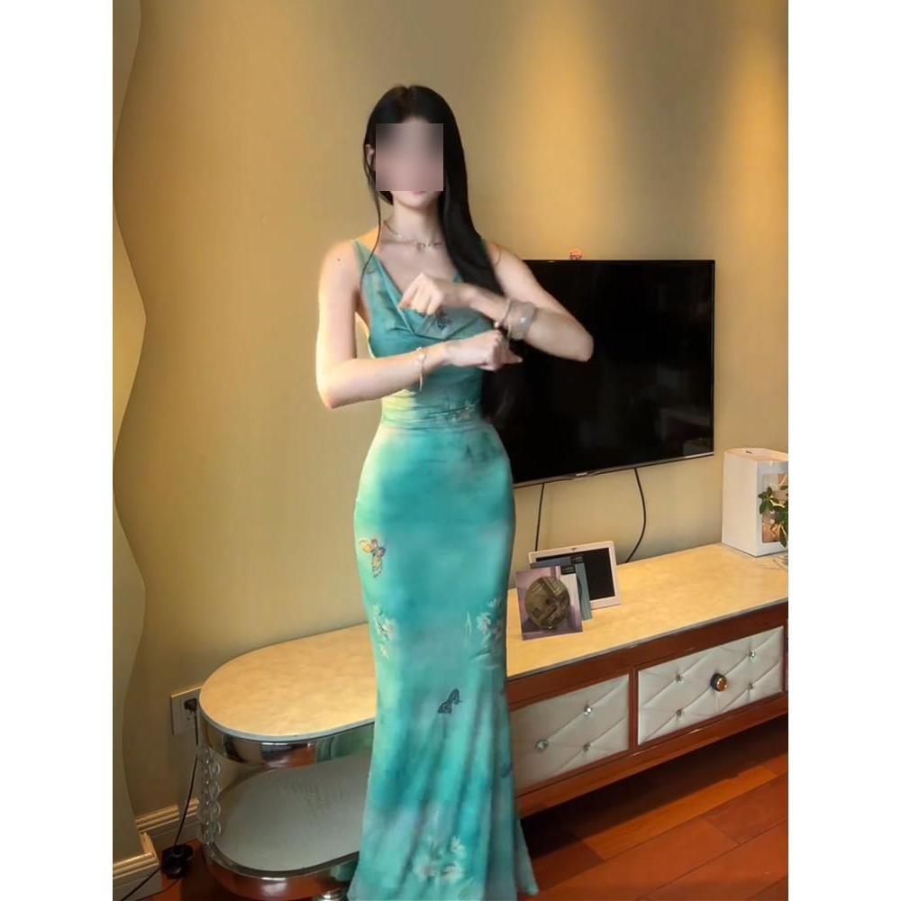 Платье из сетки с принтом бабочек, в стиле чистого желания, женское, для жаркого лета, с темпераментным отложным воротником, приталенное, без рукавов, облегающее бедра, длинная юбка