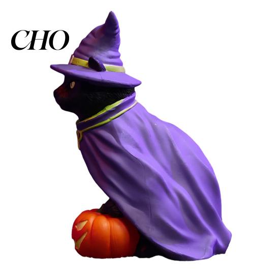 Mysterious Home Entrance Decor Halloween Black Cat Witch on Pumpkin Resin Statue, Gothic Tabletop Hand Painted Holiday Display Items Figurine, Spooky