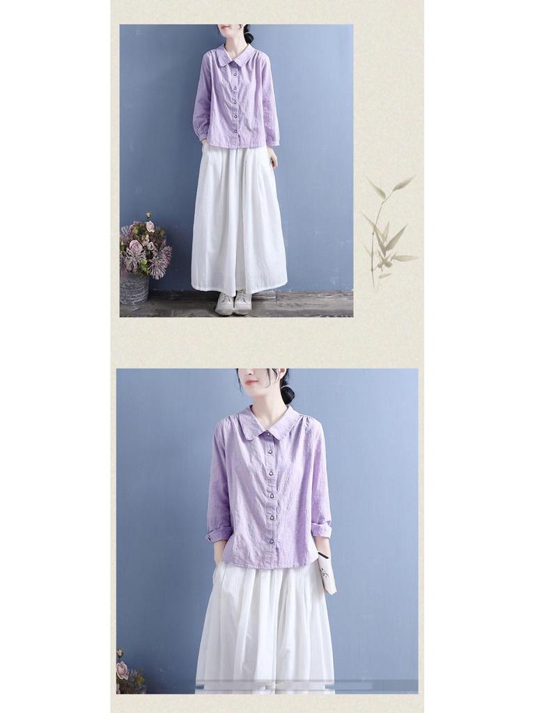 Женская однотонная рубашка из хлопка и льна с длинным рукавом — легкая, повседневная, весна 2024 г.