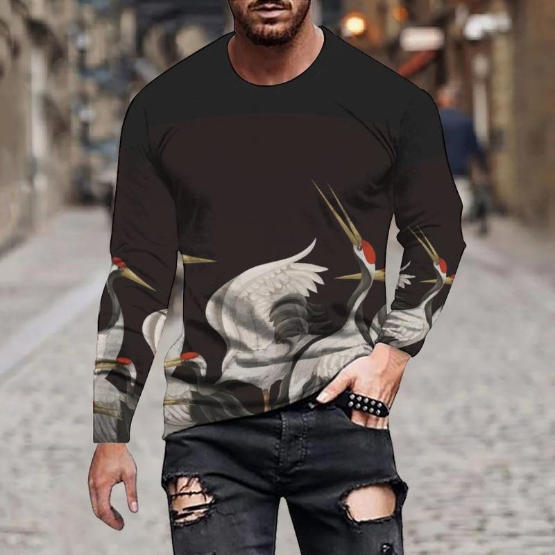 Crane Bird Pattern Beautiful Animals 3D Printed Men's T-shirts Autumn Casual Loose Round Neck Long Sleeves Tops