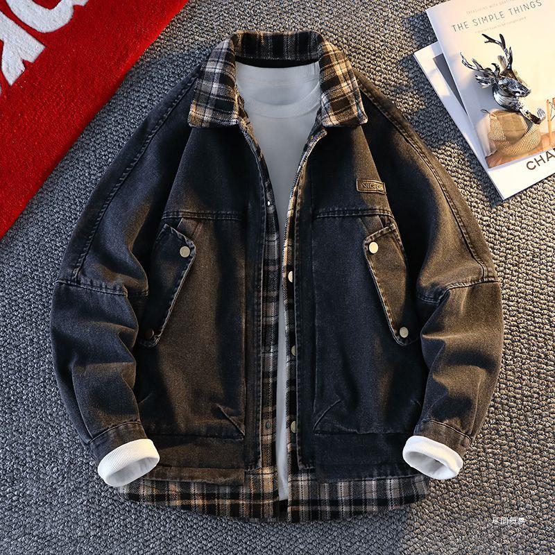 Модная мужская джинсовая куртка с клетчатыми вставками 2025 - Имитация двубортной куртки с отложным воротником для весны и осени