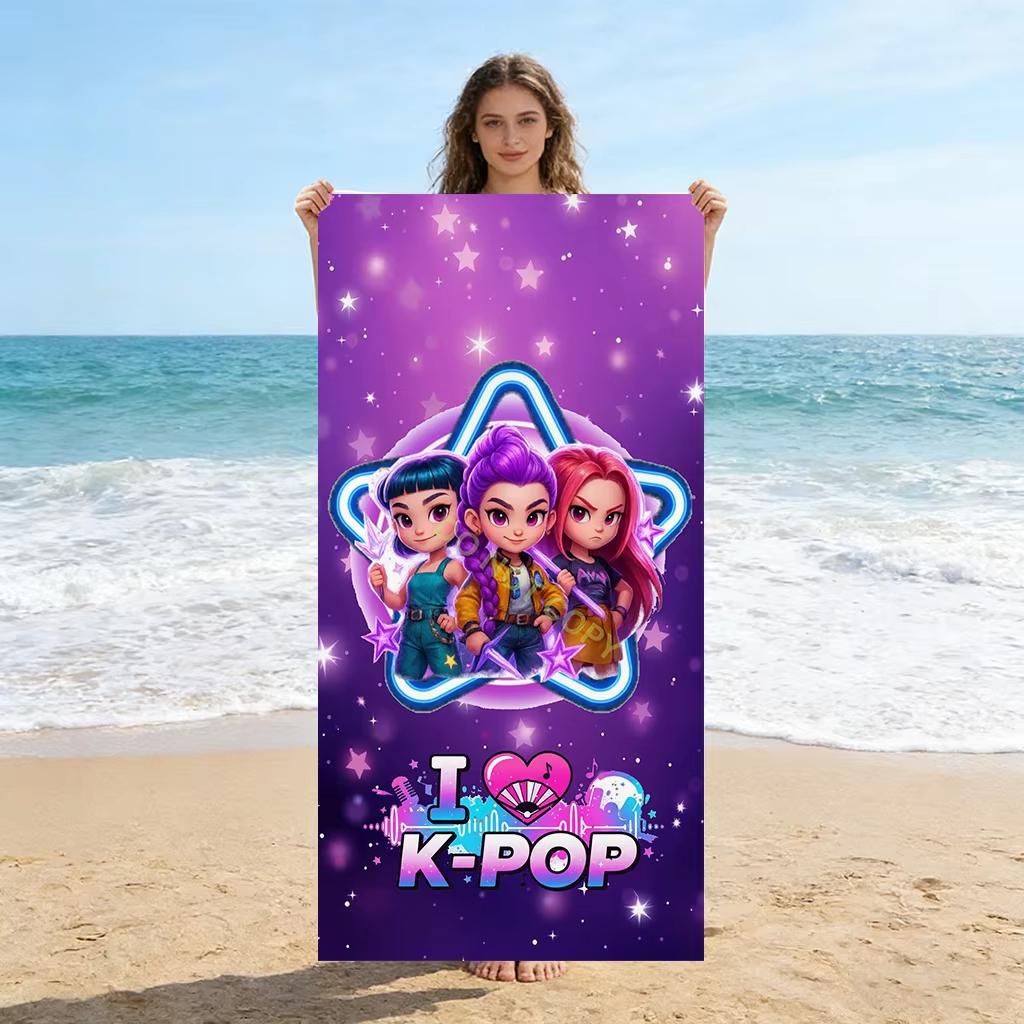 Я люблю K-Pop Пляжное полотенце Фиолетовый Мультяшные Идолы Девушки Плоская Печать Мягкое Банное полотенце для Летнего Отдыха Бассейна Без Песка