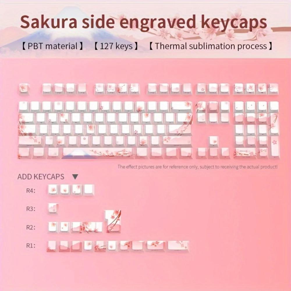 Cherry Blossom Pink Mechanical Keyboard Keycap 128 Keys, Cherry, Side Engraving, Illuminated PBT Material, Cute Girl