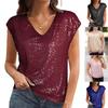 Women's Summer New Raglan Sleeve Sequined Slim-fit V-neck Solid Color Blouse Loose Casual Comfortable Short-sleeved T-shirt