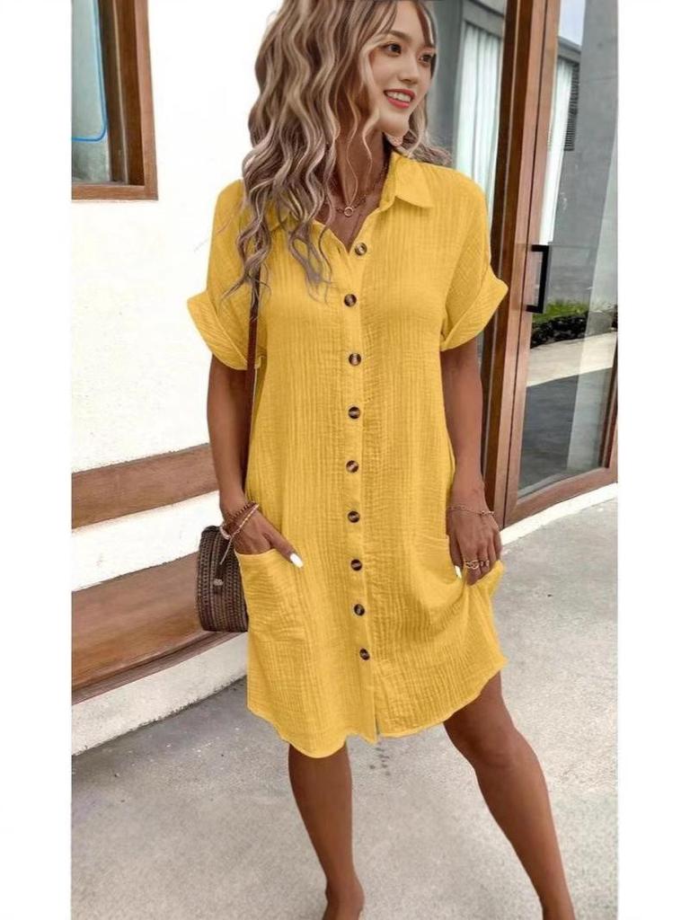 2024 Women's Casual Cotton Linen Short Sleeve Dress – Solid Color, Mid-length, Button-Down