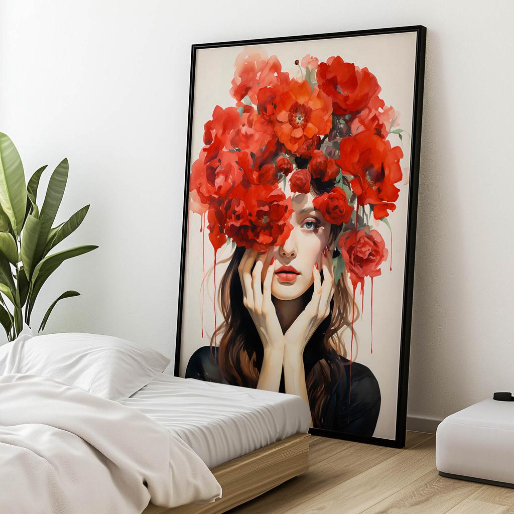 Woman Decorated with Poppies Woman Decorated with Poppies, 70X100 Cm, Black Aluminum Frame, 230 Gsm Matte Paper